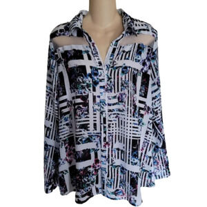 Attention Floral Geometric Pattern Button Down Blouse Top Size Women's Large